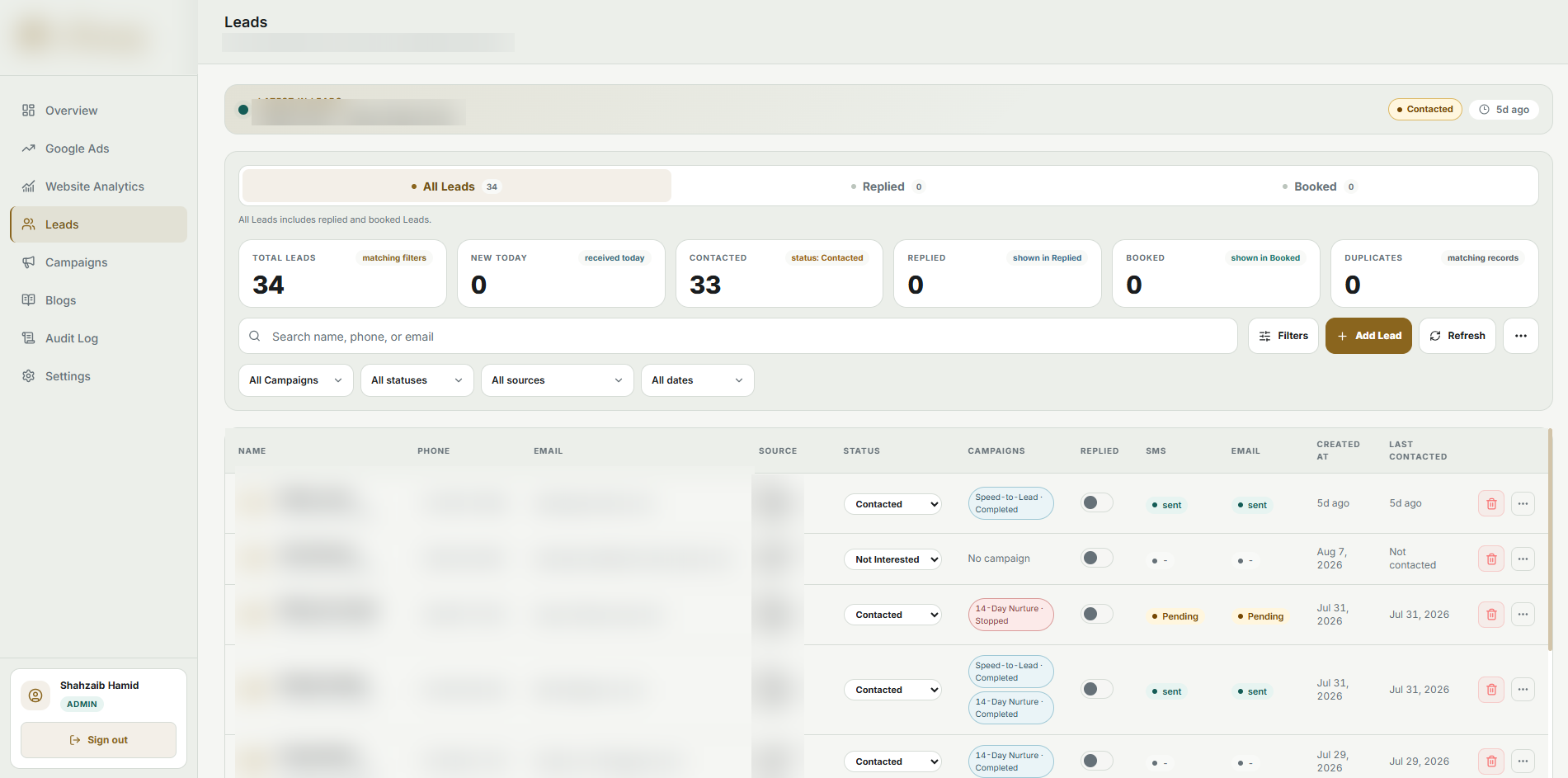 Lead list inside the CRM, tracking source and campaign for every enquiry